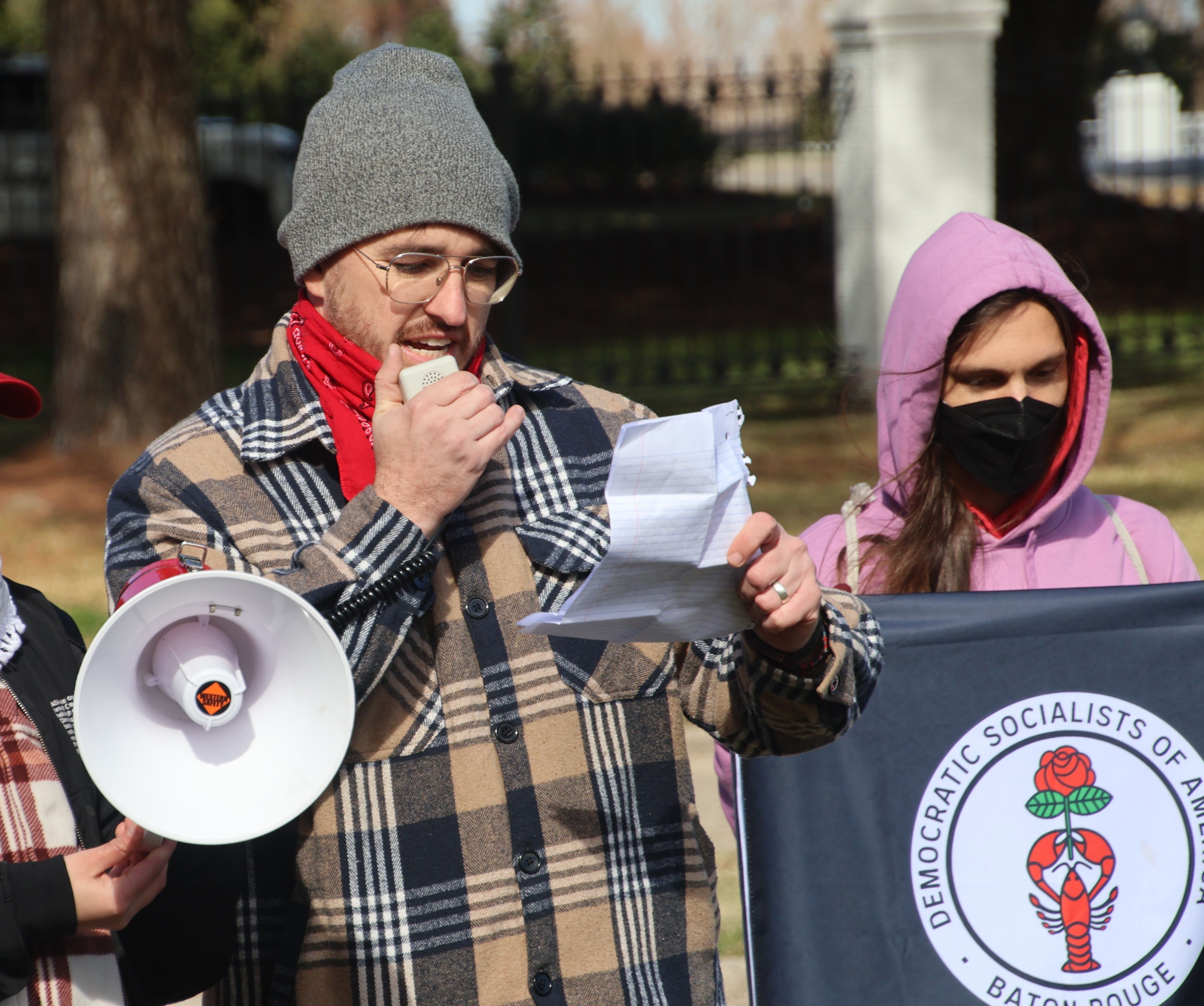 Jacob Newsom speaking outside the Governor's mansion